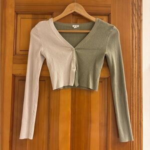 Garage Two-Tone Ribbed Cropped Cardigan - Sage & Cream size xs